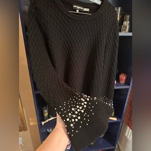Black waffle sweater with pearl accents